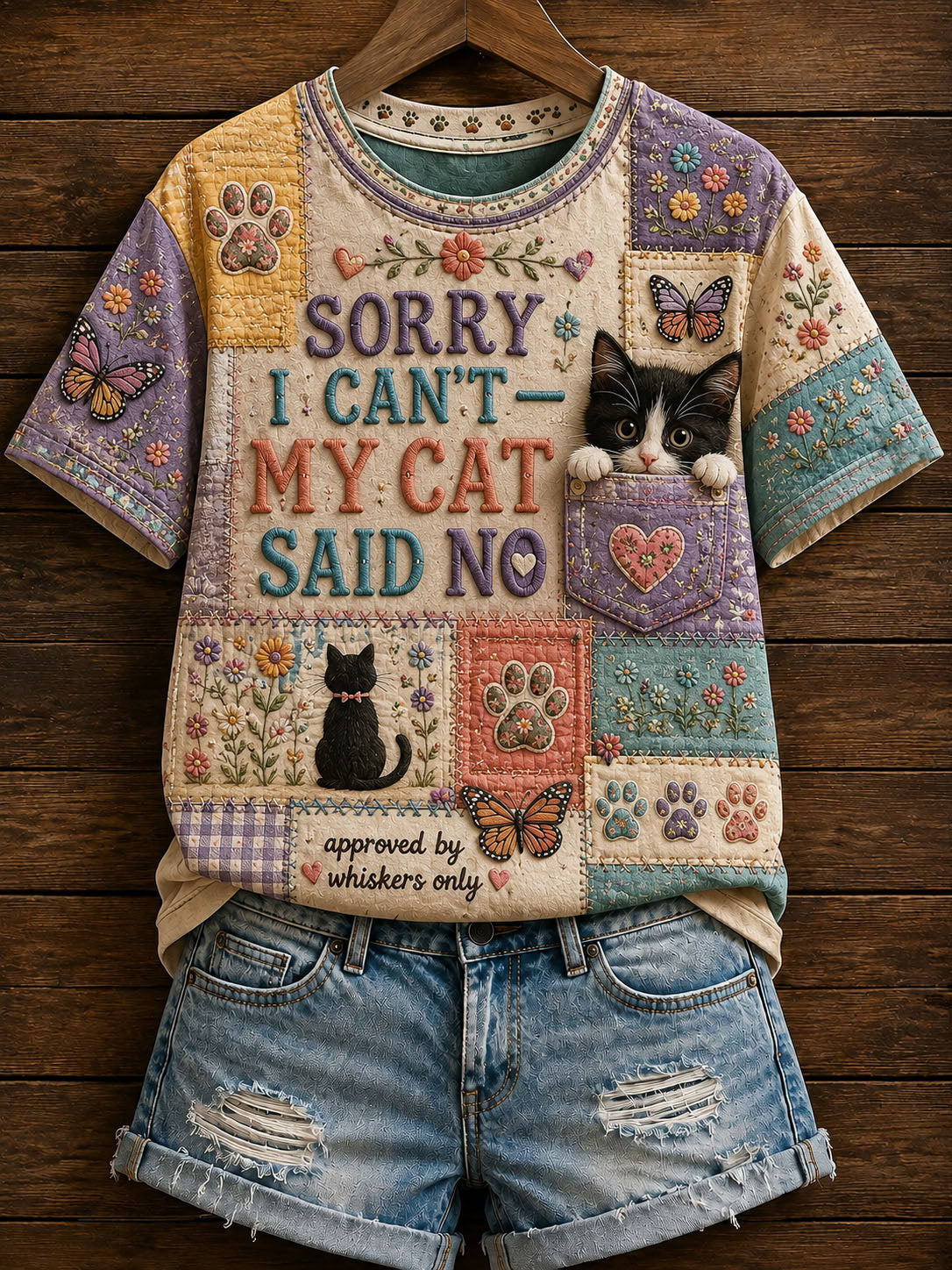 Kvinders søde patchwork kat Print Casual T-shirt