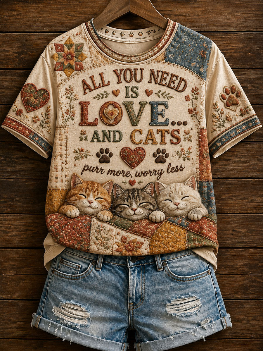 Kvinders søde patchwork-casualt T-shirt med katteprint