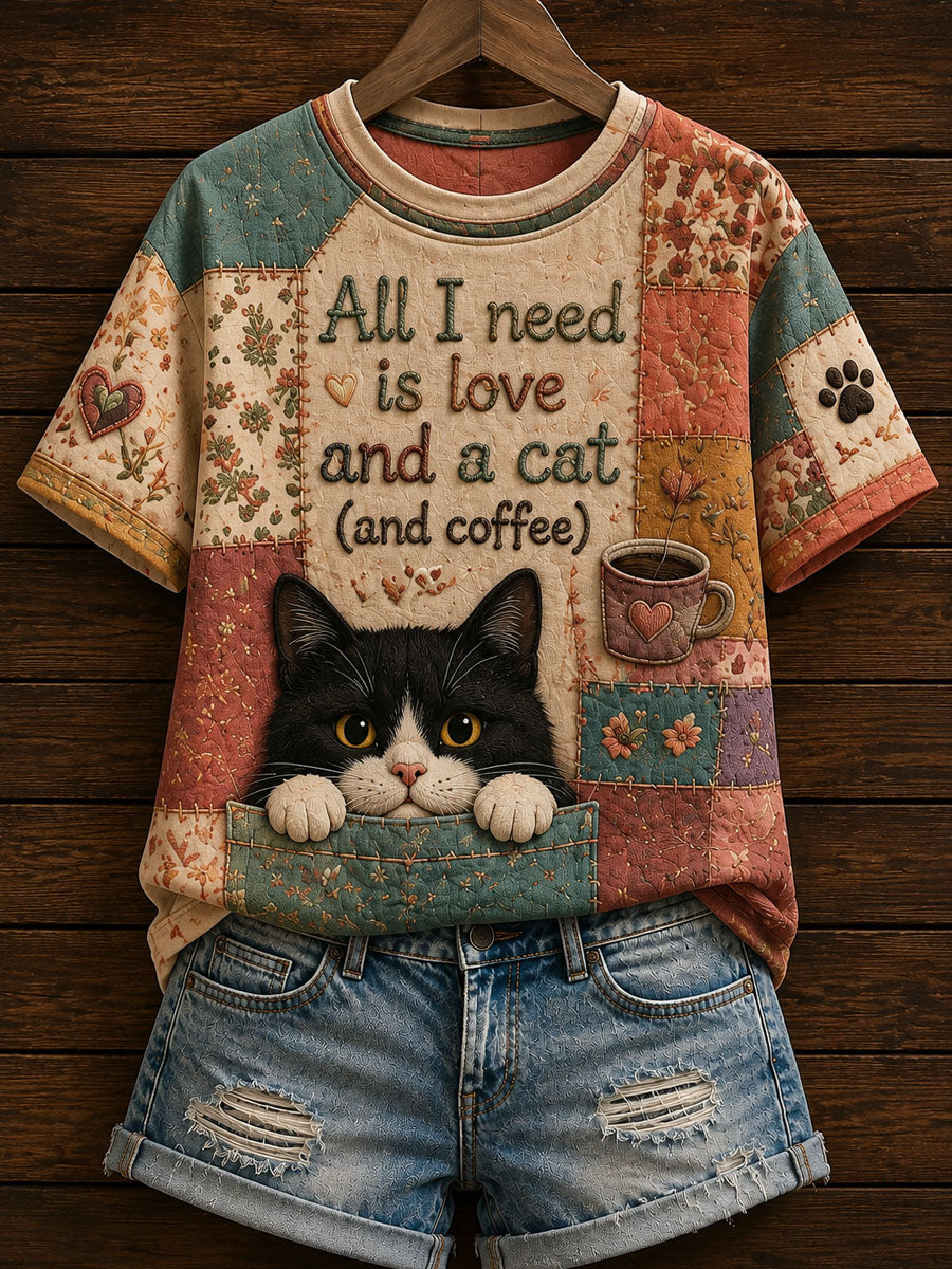 Kvinders søde patchwork-casualt T-shirt med katteprint