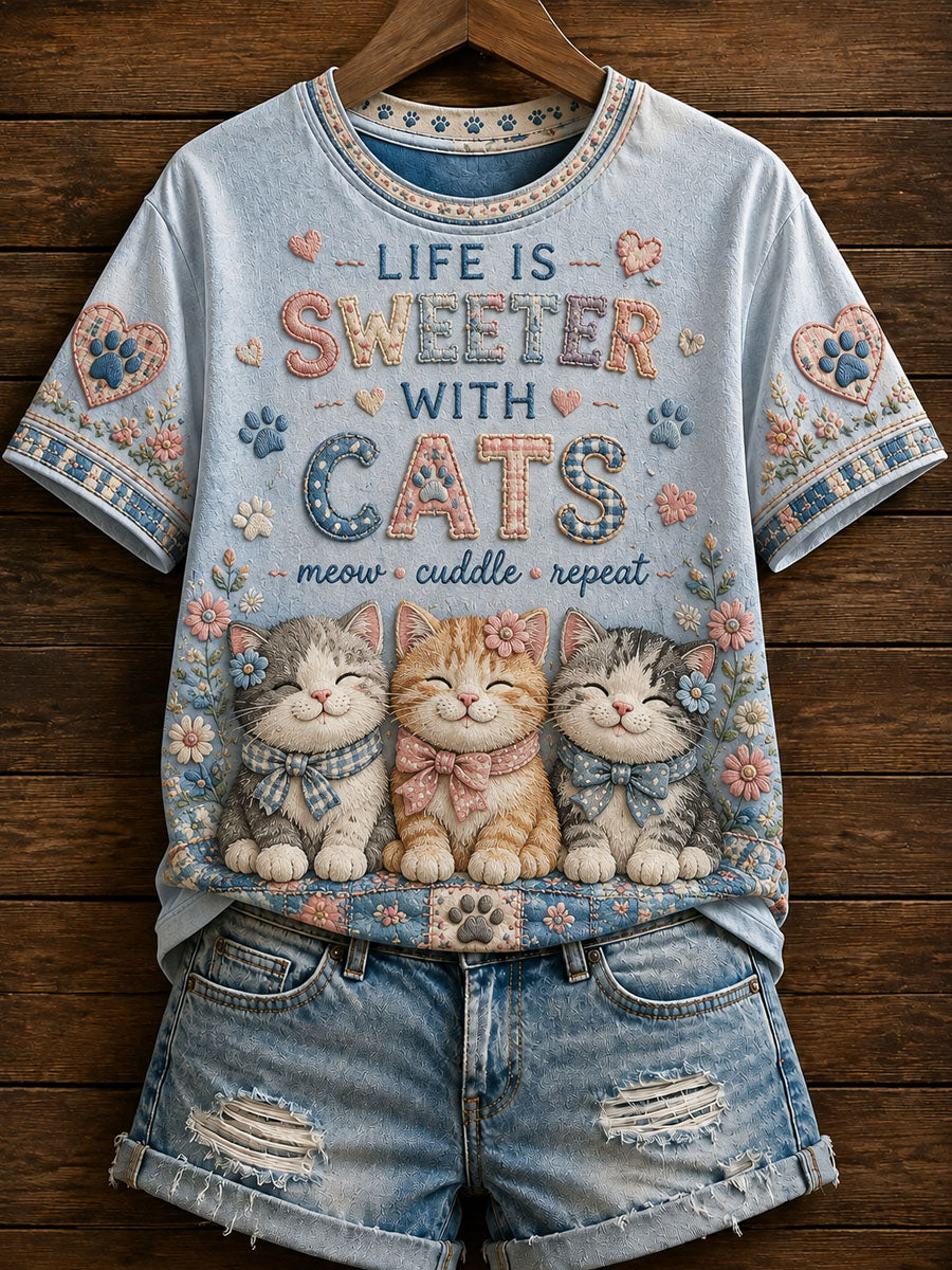 Kvinders søde patchwork-casualt T-shirt med katteprint