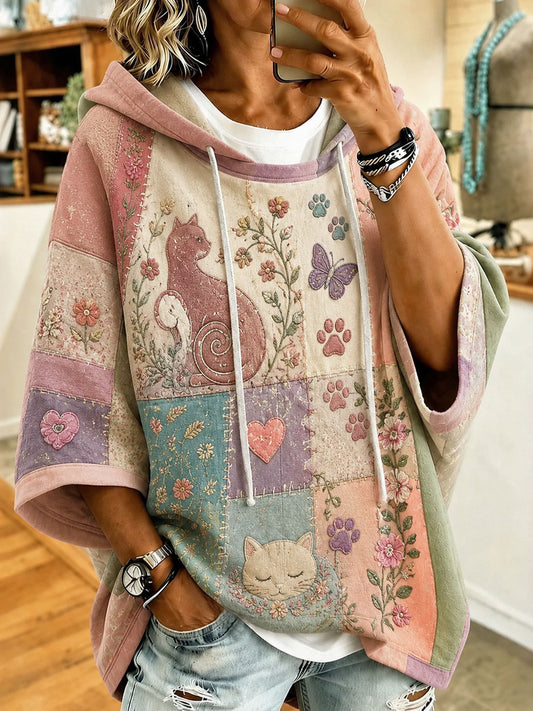Kvinders søde patchwork kat-Print Casual Hoodies