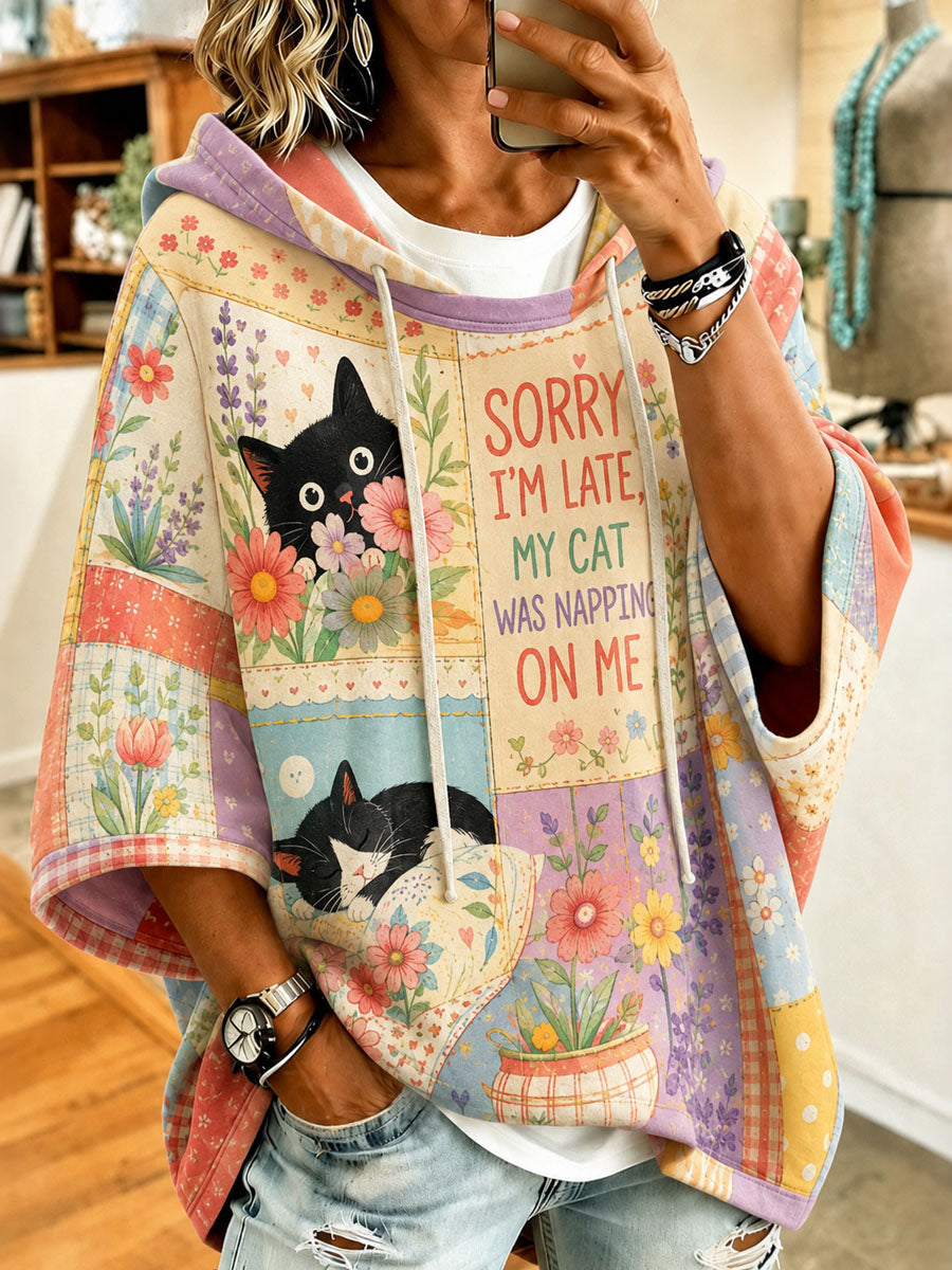 Kvinders søde patchwork-hoodie med katteprint til hverdagsbrug