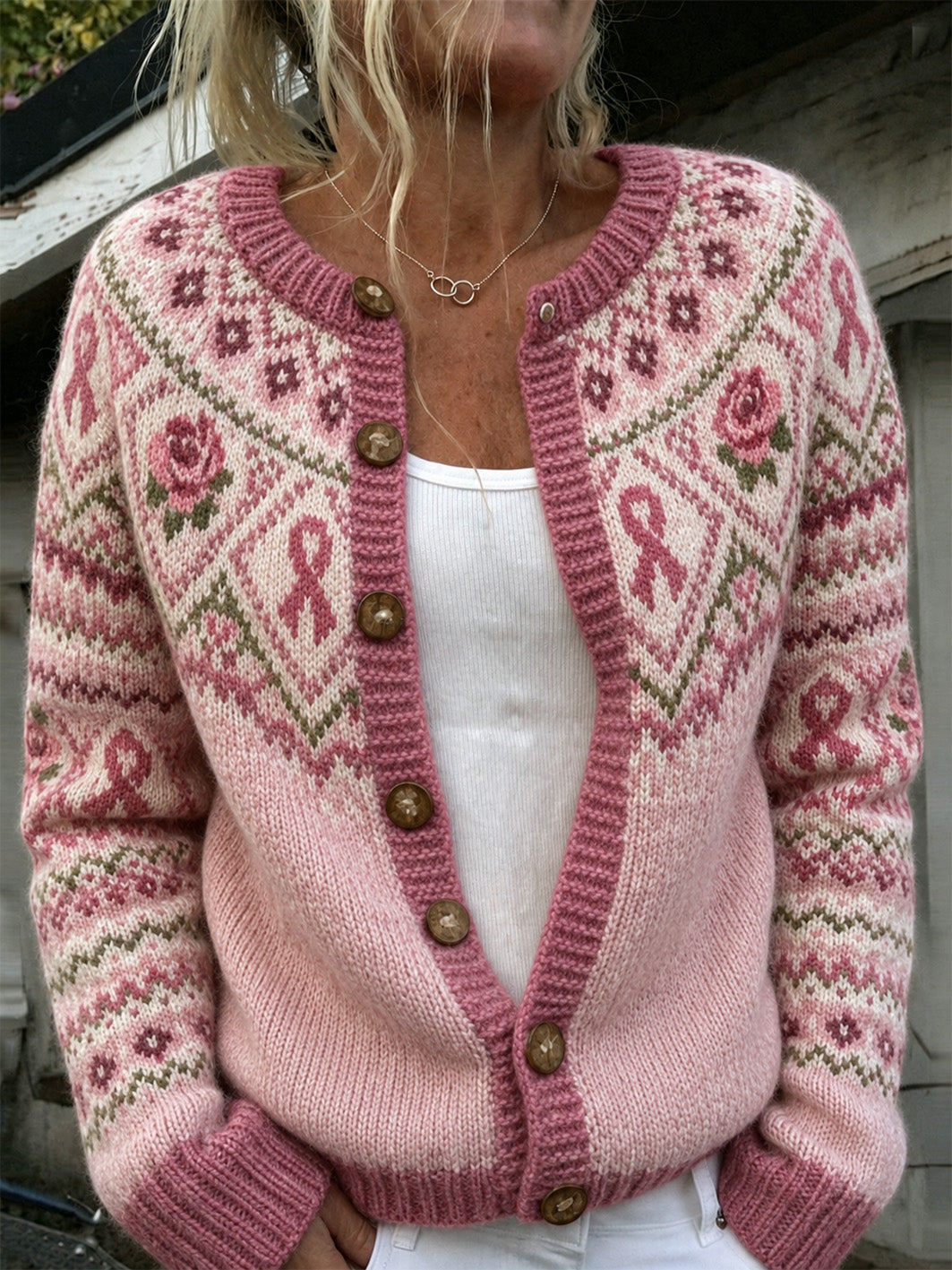 Kvinner rosa blomst og rosa veldedighet bånd mønster trykt Casual Cardigan-stil strik jakka
