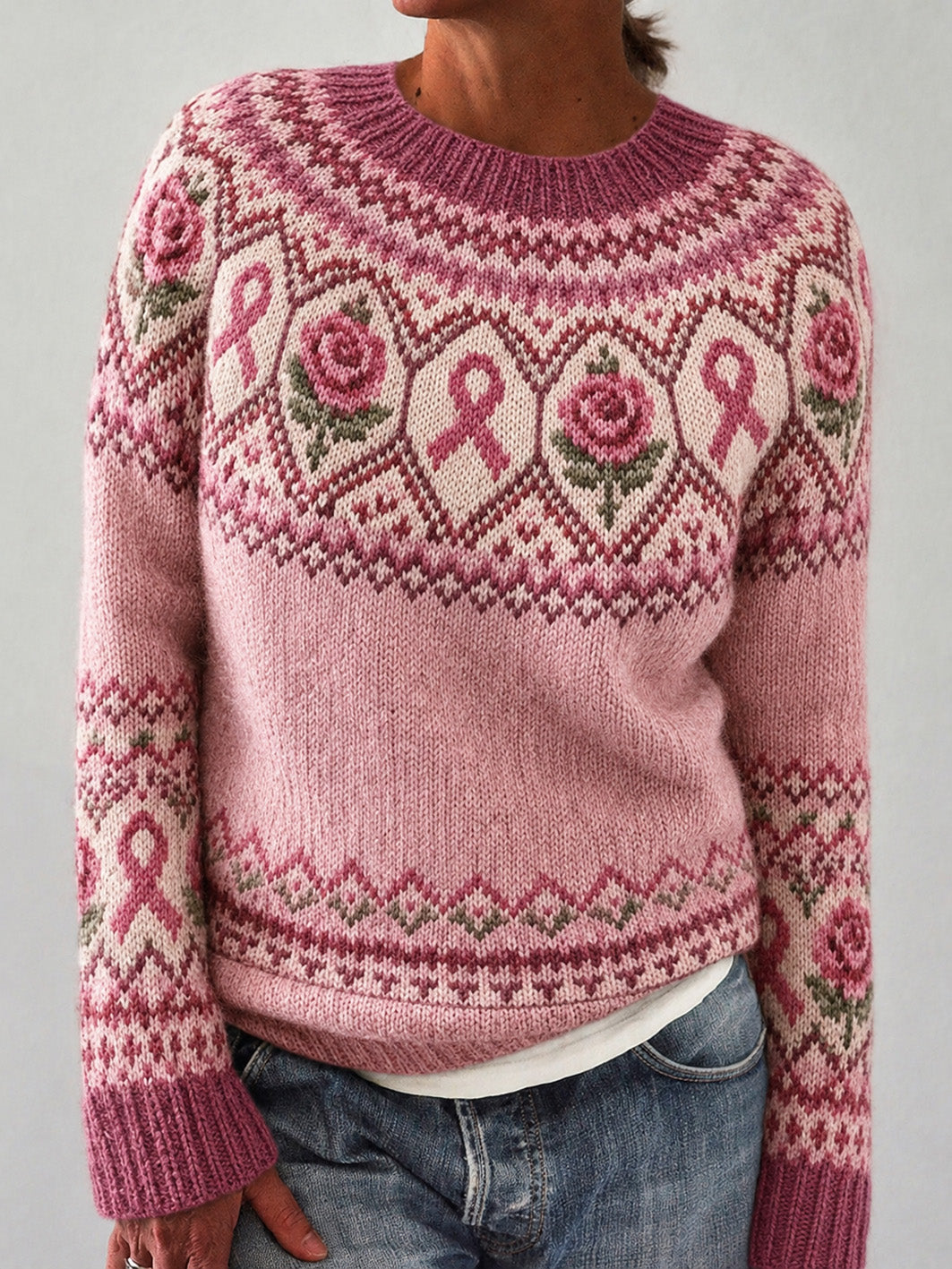 Damelue med rosa blomster- og rosa velgjørenhetsbåndmønster, trykt hverdagsgenser med lange ermer