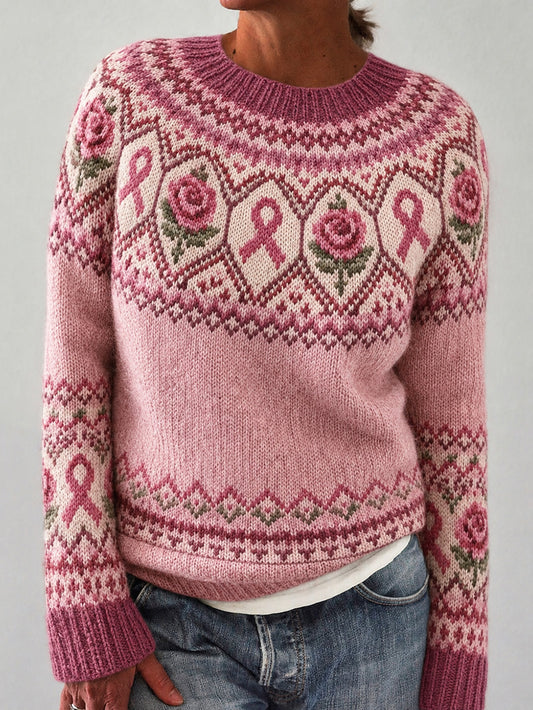 Damelue med rosa blomster- og rosa velgjørenhetsbåndmønster, trykt hverdagsgenser med lange ermer
