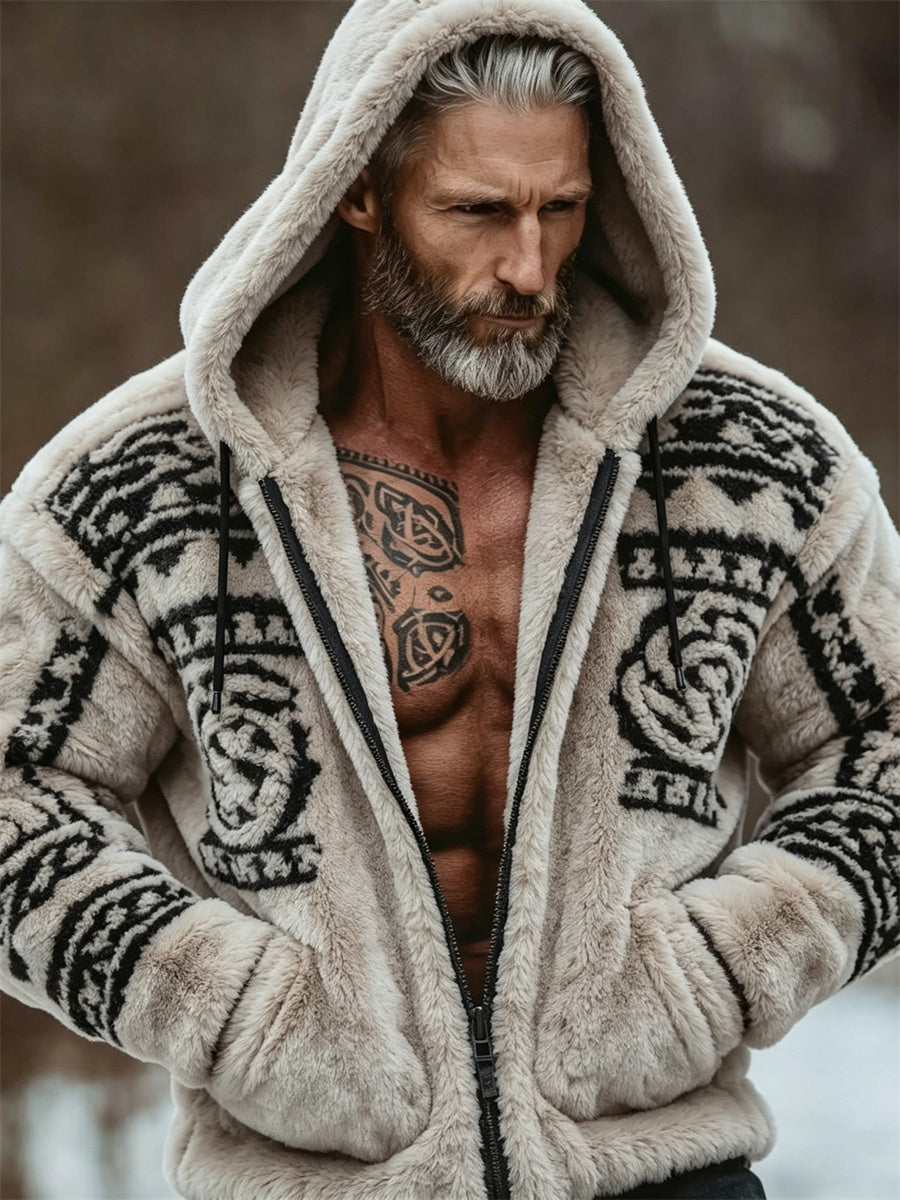 Mænds vintage vikingekeltskørtetryk flannel-hættetrøje med fuld lynlås og behagelig pasform
