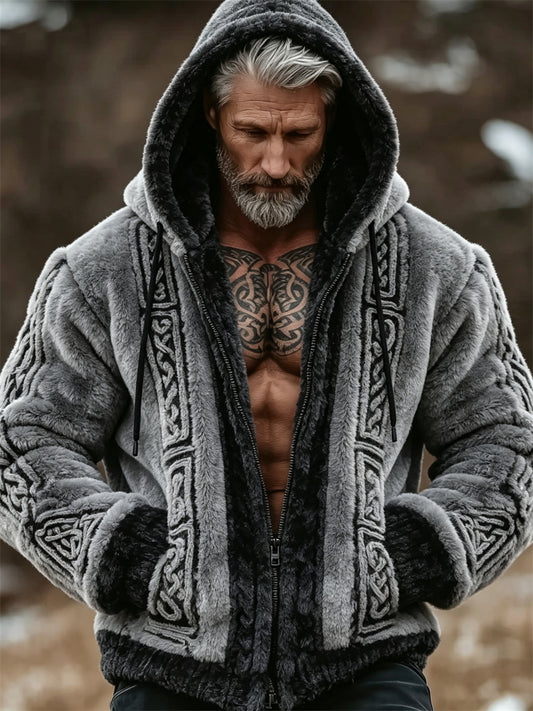 Mænds vintage vikingekeltskørtetryk flannel-hættetrøje med fuld lynlås og behagelig pasform