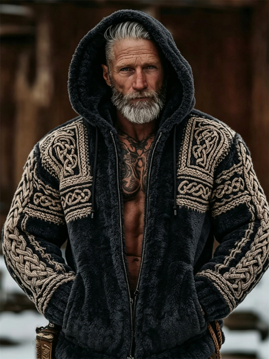Mænds vintage vikingekeltskørtetryk flannel-hættetrøje med fuld lynlås og behagelig pasform