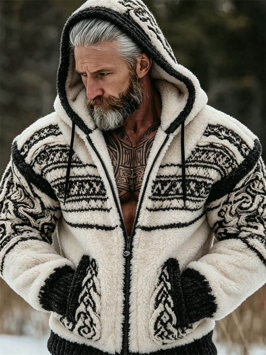 Mænds Vintage Viking Celtic Knud Print fuld Zip hyggelig flannel Hoodie.