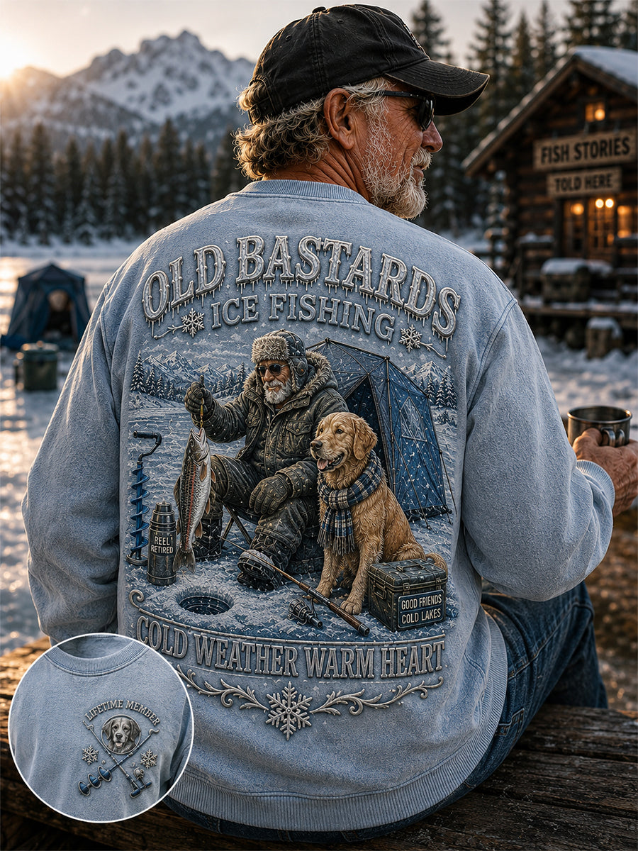 Mænds sjove gamle Bastards Fiskeklub Livstid Medlem Isfiskeri Print Langærme Sweatshirt