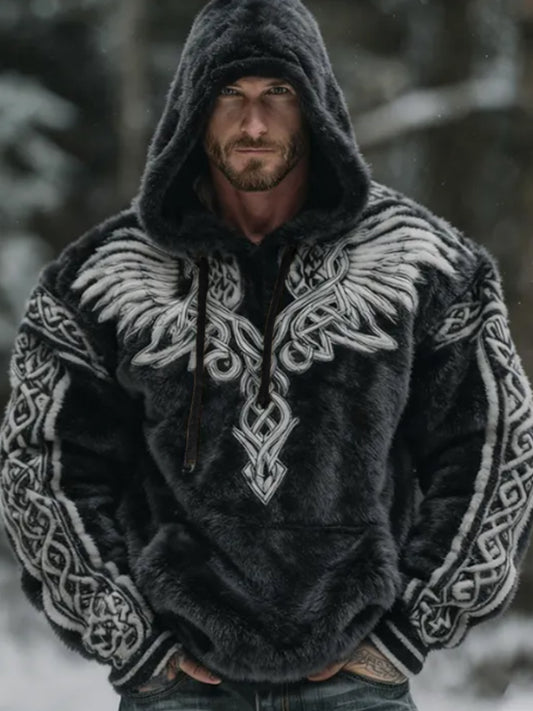 Mænds Viking Celtic Wings Mønster Hyggelige Plush Flannel Hoodie.