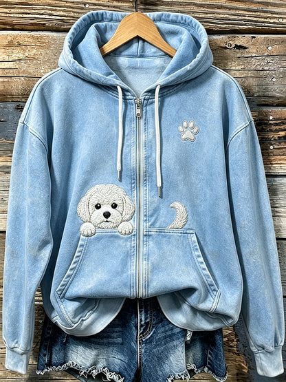 Kvinders søde kiggende Bichon Frize med tase Print hyggelig zip-Up Hoodie.