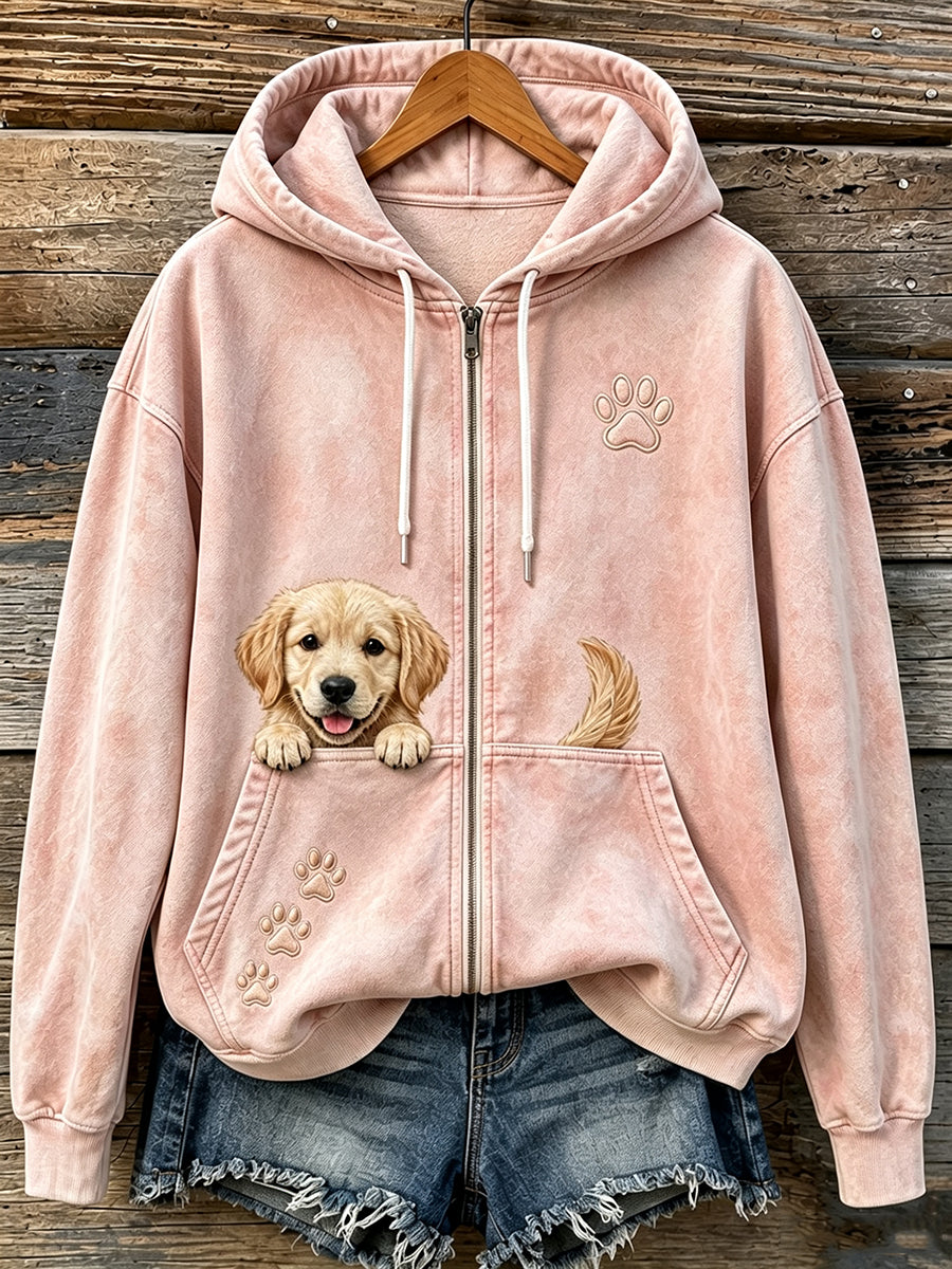 Kvinders søde Peeking Golden Retriever & Paws Print hyggelig Zip-Up Hoodie Print