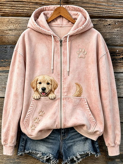 Kvinders søde Peeking Golden Retriever & Paws Print hyggelig Zip-Up Hoodie Print