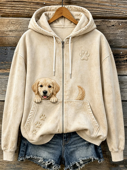 Kvinders søde Peeking Golden Retriever & Paws Print hyggelig Zip-Up Hoodie Print