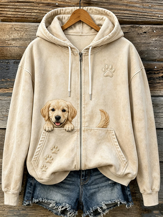 Kvinders søde Peeking Golden Retriever & Paws Print hyggelig Zip-Up Hoodie Print