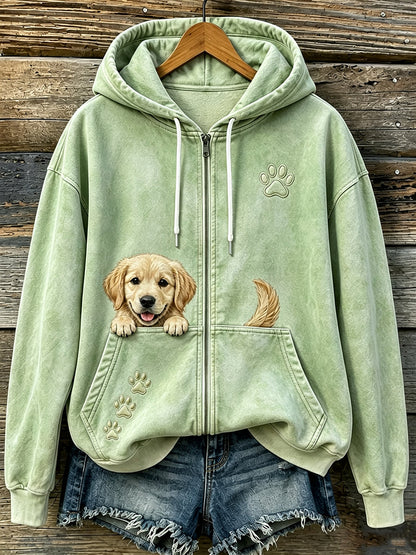 Kvinders søde Peeking Golden Retriever & Paws Print hyggelig Zip-Up Hoodie Print