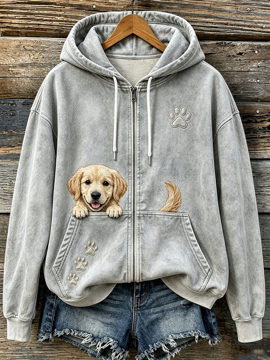 Kvinders søde Peeking Golden Retriever & Paws Print hyggelig Zip-Up Hoodie Print