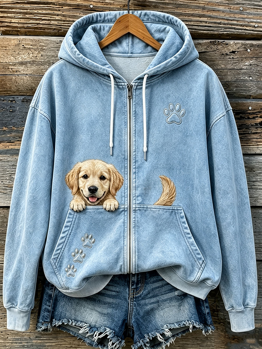 Kvinders søde Peeking Golden Retriever & Paws Print hyggelig Zip-Up Hoodie Print