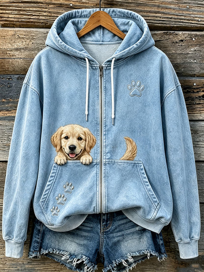 Kvinders søde Peeking Golden Retriever & Paws Print hyggelig Zip-Up Hoodie Print