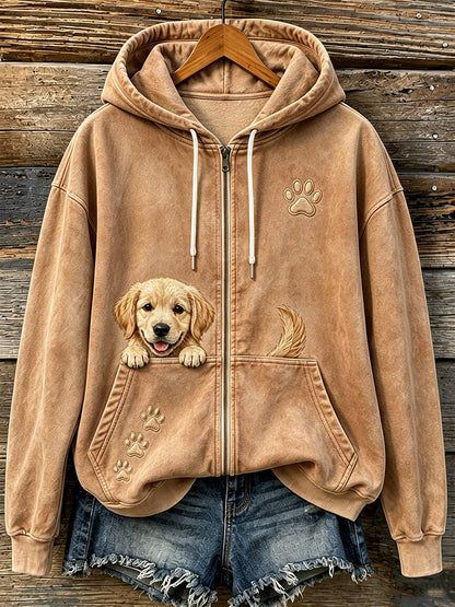 Kvinders søde Peeking Golden Retriever & Paws Print hyggelig Zip-Up Hoodie Print