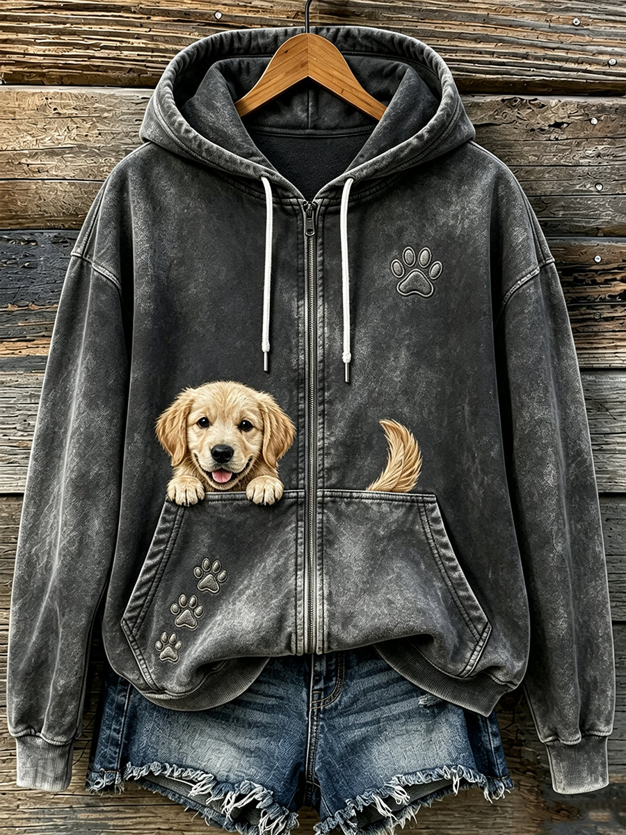 Kvinders søde Peeking Golden Retriever & Paws Print hyggelig Zip-Up Hoodie Print