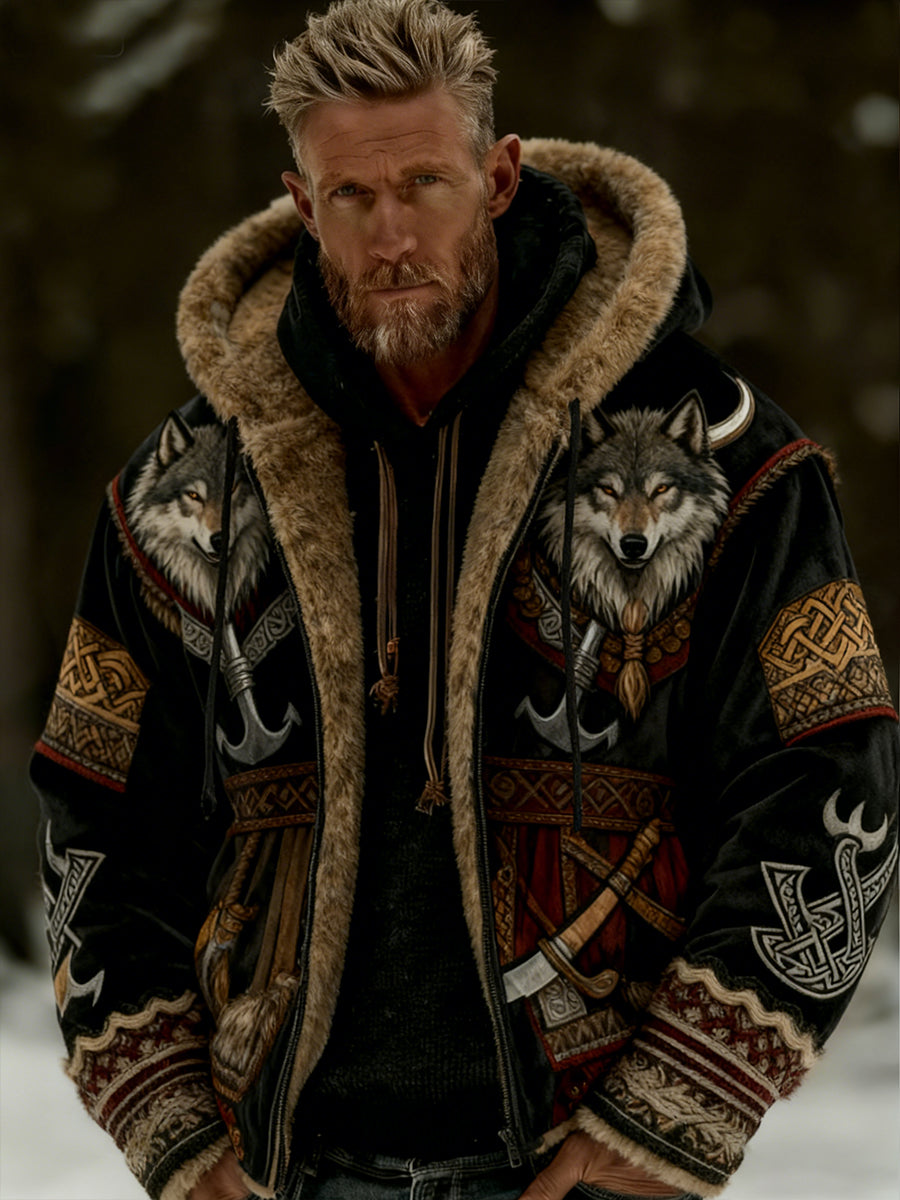 Mænds retro vikingulv totem keltisk stil flannel varm hættetrøje