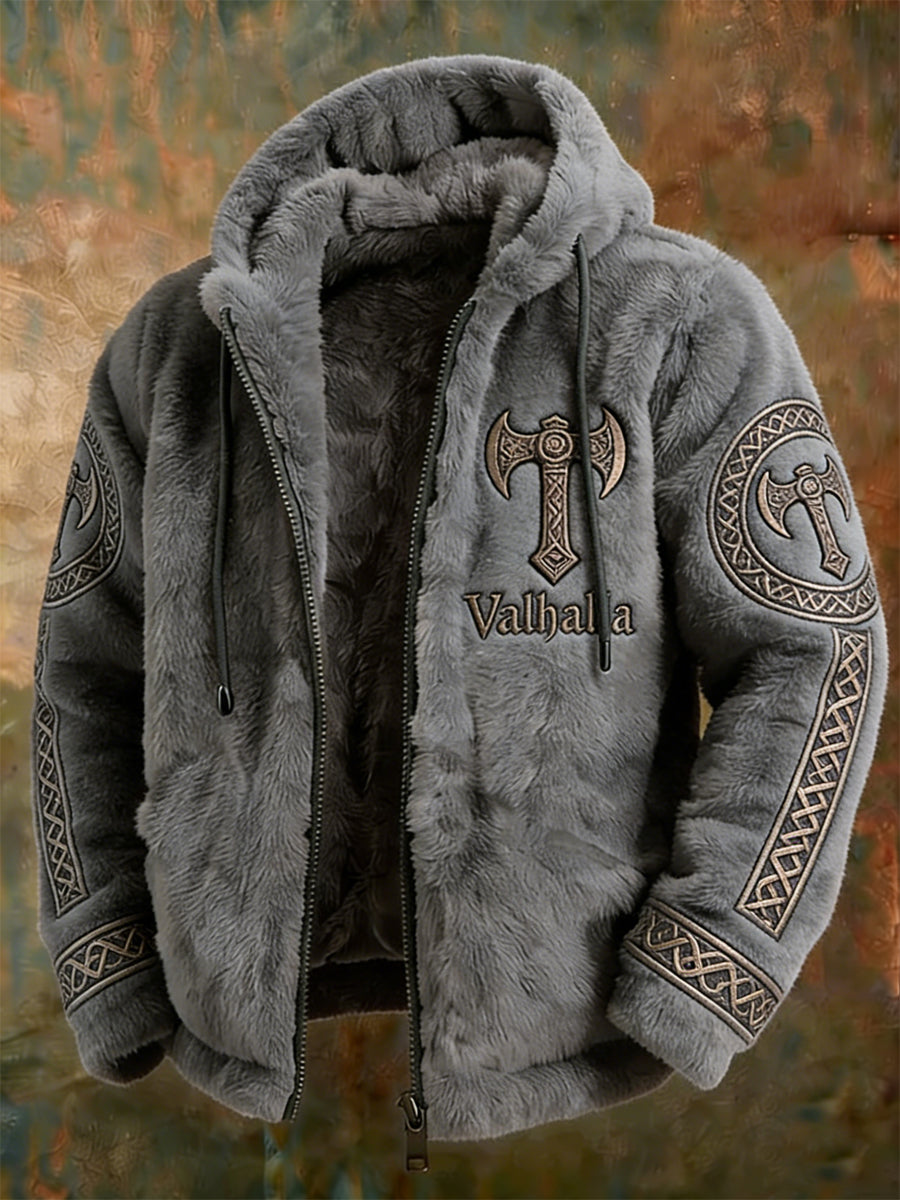 Mænds vikinge-stil Valhalla med plush varm lynlået hættejakke