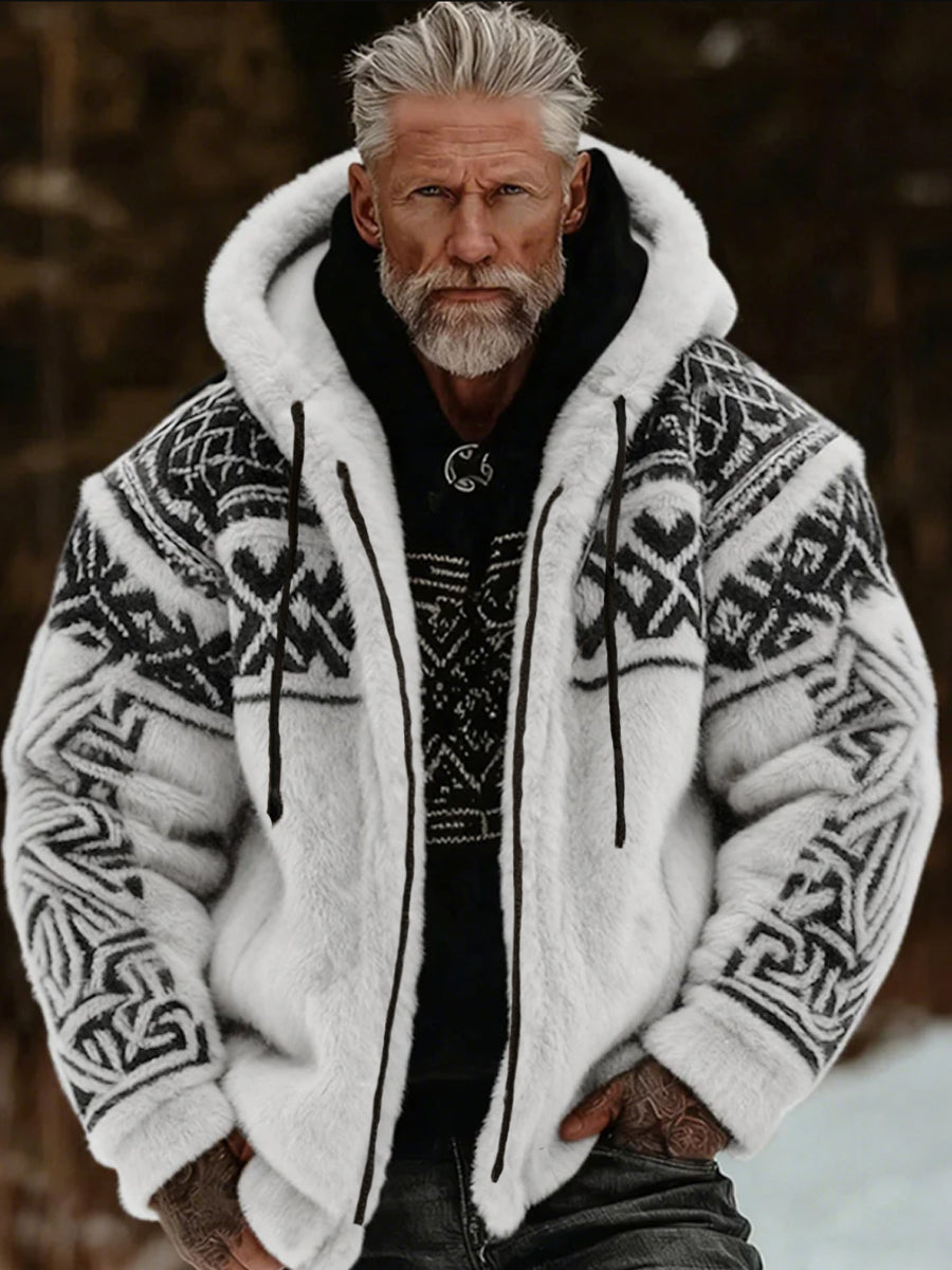 Mænds vikingisk-keltisk kunst plys hyggelig varm jakke med lynlås og hætte