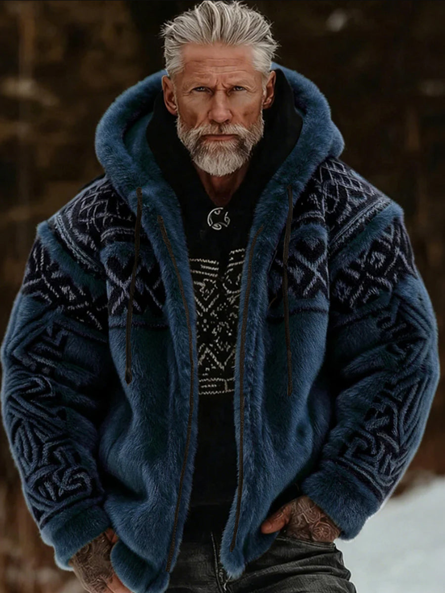 Mænds vikingisk-keltisk kunst plys hyggelig varm jakke med lynlås og hætte