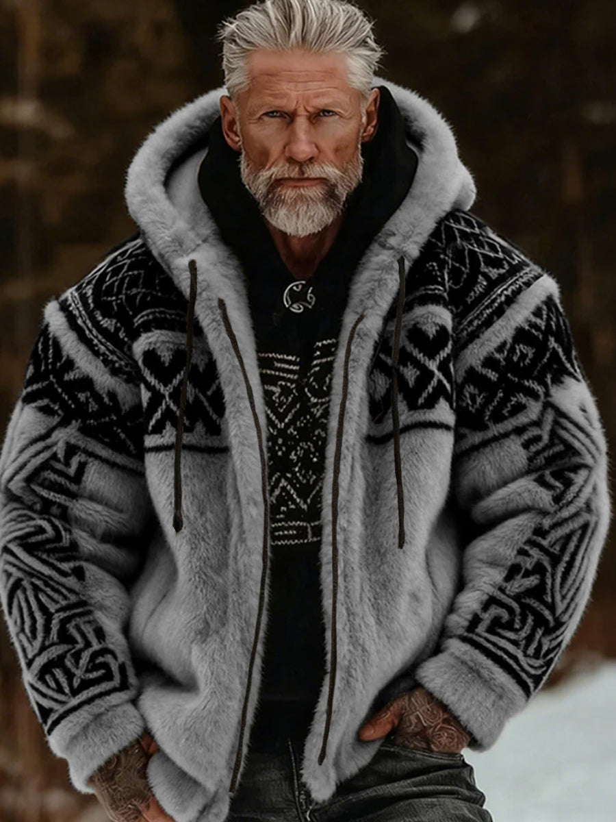 Mænds vikingisk-keltisk kunst plys hyggelig varm jakke med lynlås og hætte