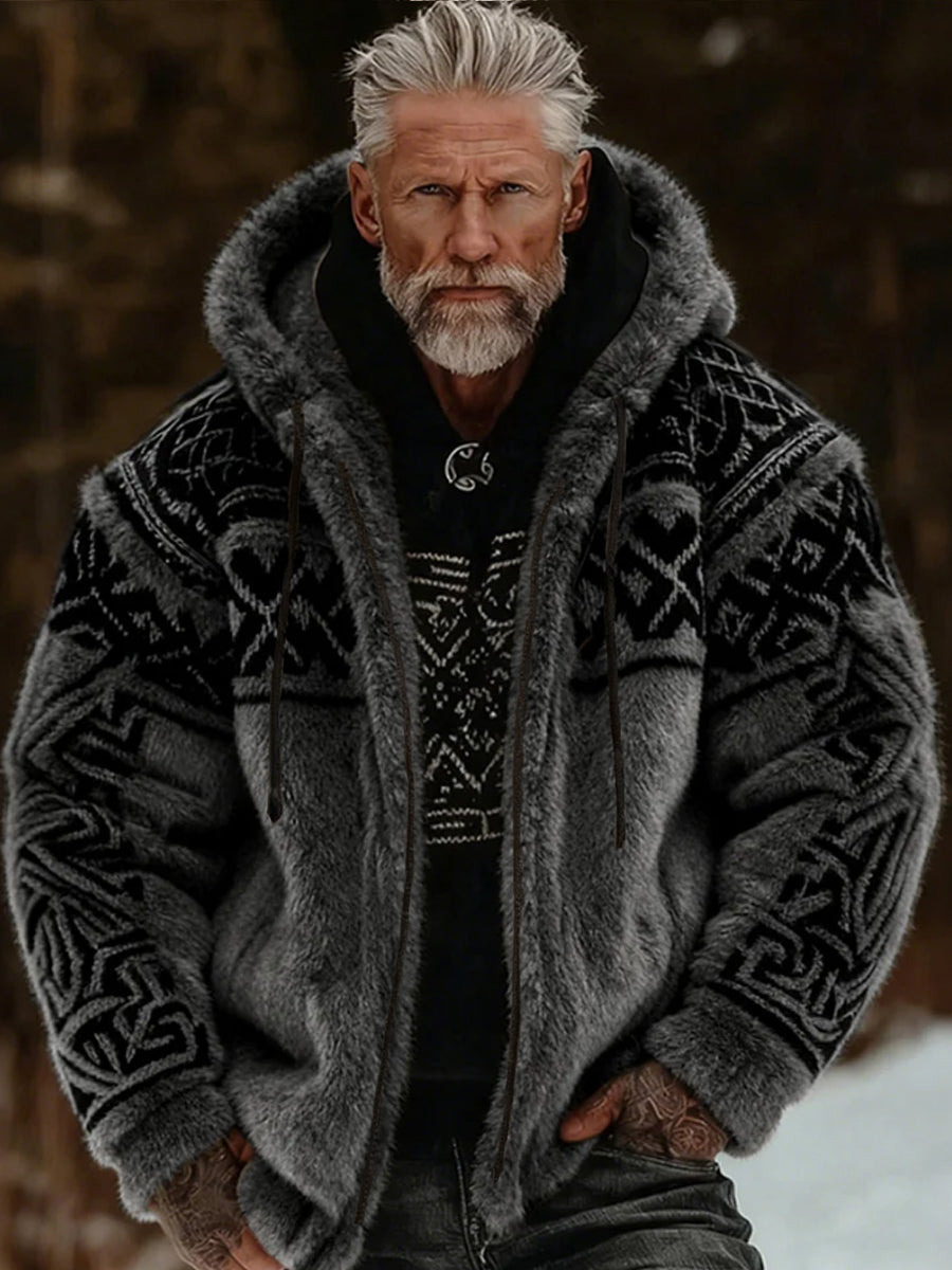 Mænds vikingisk-keltisk kunst plys hyggelig varm jakke med lynlås og hætte