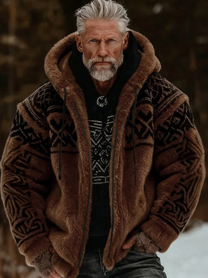 Mænds vikingisk-keltisk kunst plys hyggelig varm jakke med lynlås og hætte