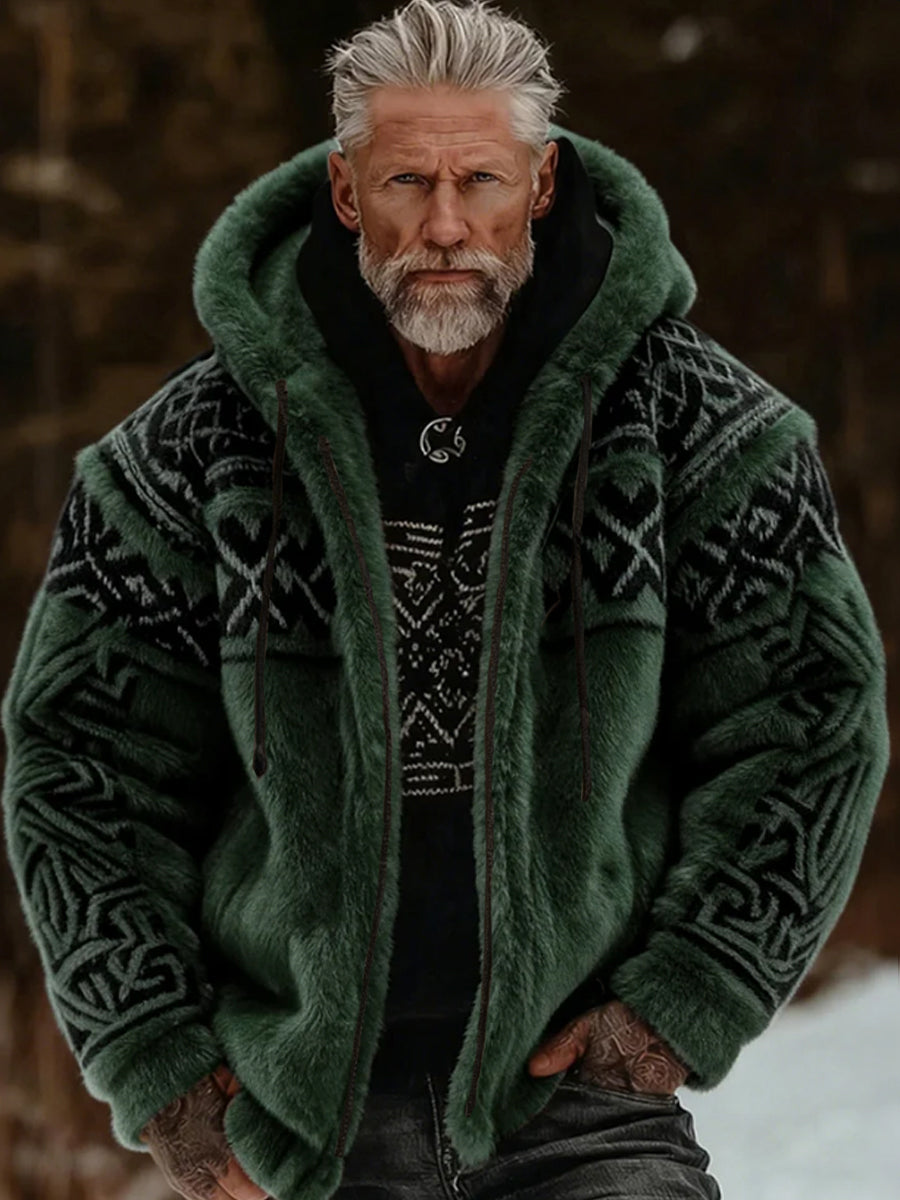 Mænds vikingisk-keltisk kunst plys hyggelig varm jakke med lynlås og hætte