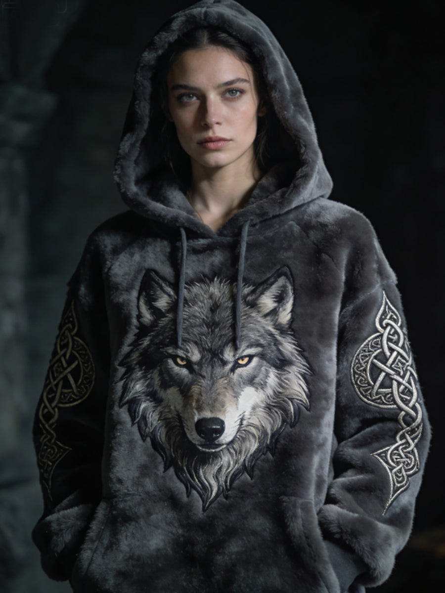 Kvinders Viking Celtic Wolf Mønster Art Casual Flannel Hoodies