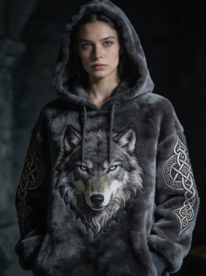 Kvinders Viking Celtic Wolf Mønster Art Casual Flannel Hoodies