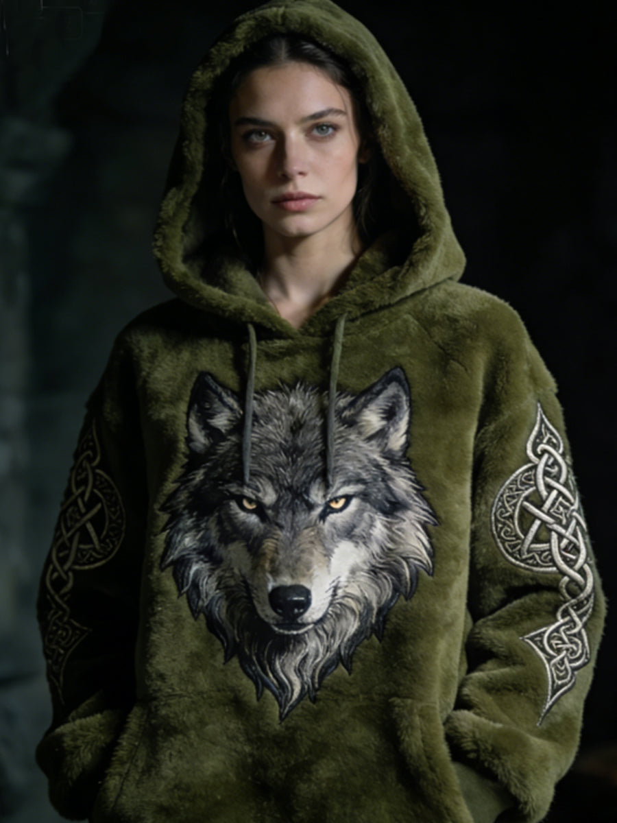 Kvinders Viking Celtic Wolf Mønster Art Casual Flannel Hoodies