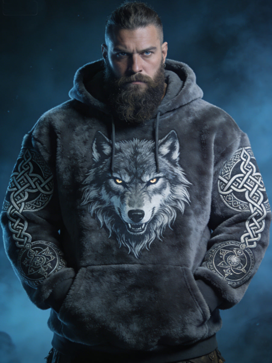 Mænds Viking Celtic Wolf Mønster Art Casual Flannel Hoodies