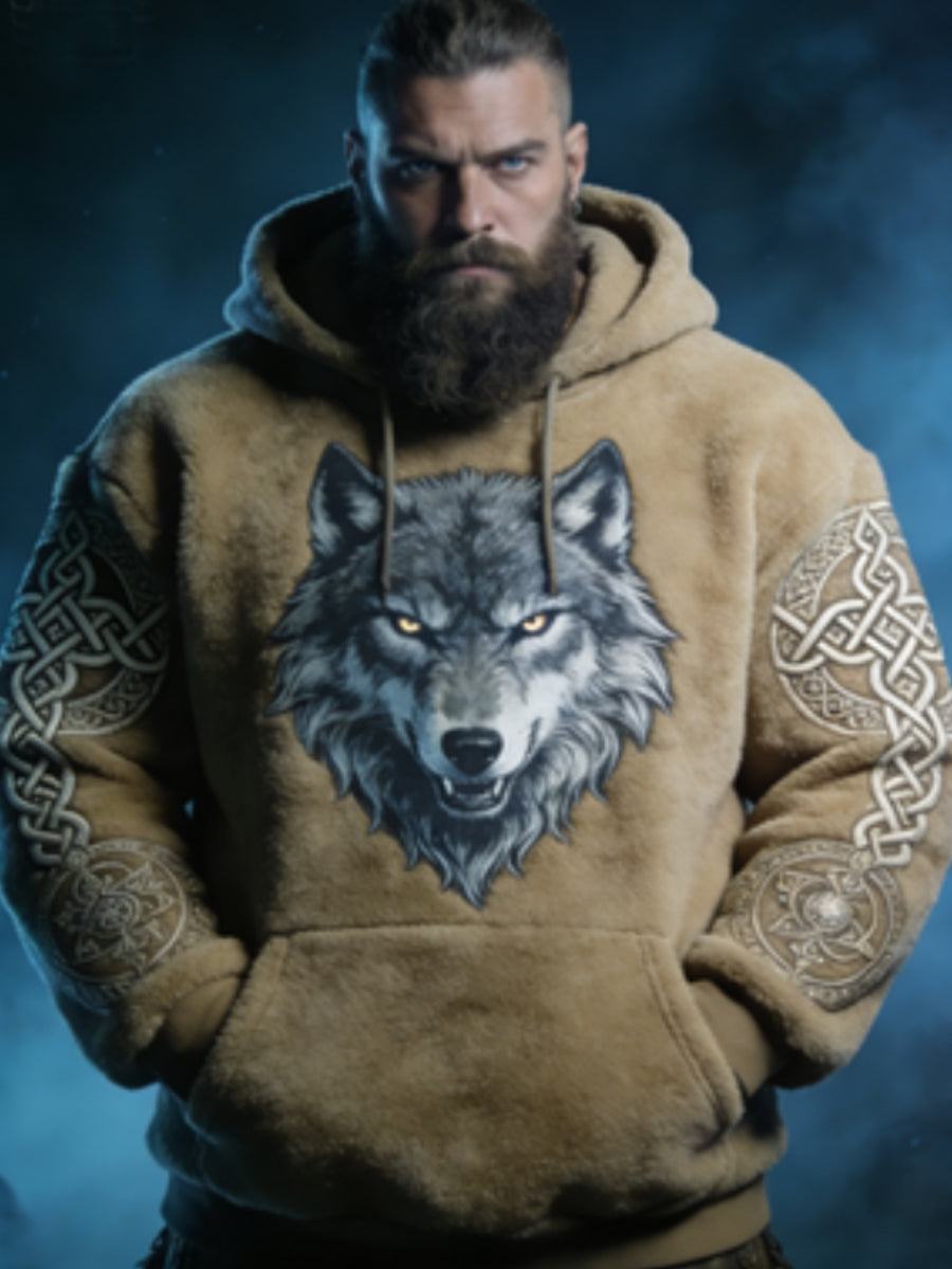 Mænds Viking Celtic Wolf Mønster Art Casual Flannel Hoodies