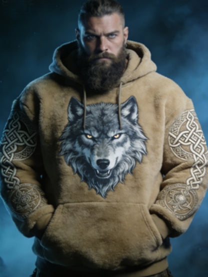 Mænds Viking Celtic Wolf Mønster Art Casual Flannel Hoodies