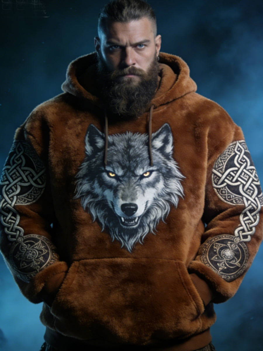 Mænds Viking Celtic Wolf Mønster Art Casual Flannel Hoodies