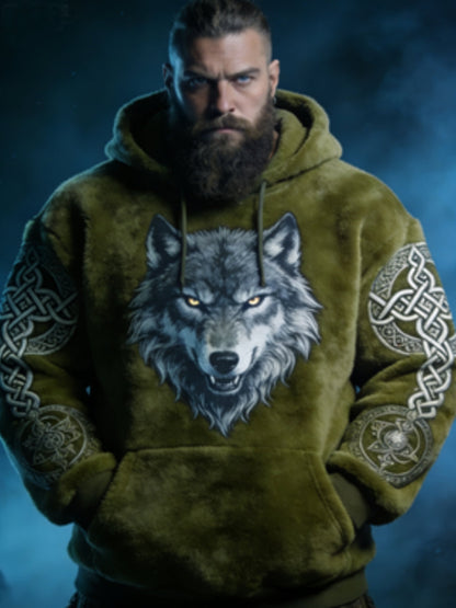 Mænds Viking Celtic Wolf Mønster Art Casual Flannel Hoodies