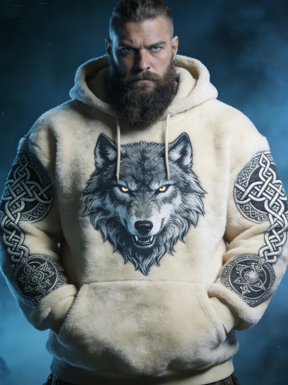 Mænds Viking Celtic Wolf Mønster Art Casual Flannel Hoodies