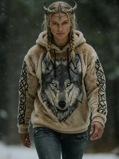 Kvinders vikingisk-keltisk ulveprint kunst casual flanelfleece hættetrøje
