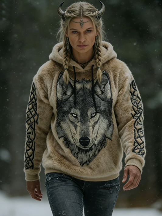 Kvinders vikingisk-keltisk ulveprint kunst casual flanelfleece hættetrøje