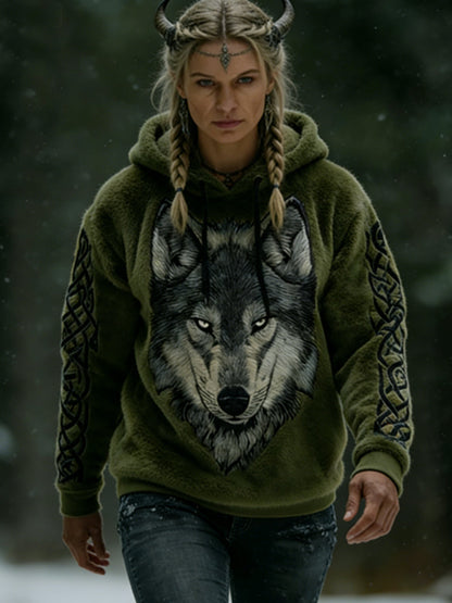 Kvinders vikingisk-keltisk ulveprint kunst casual flanelfleece hættetrøje