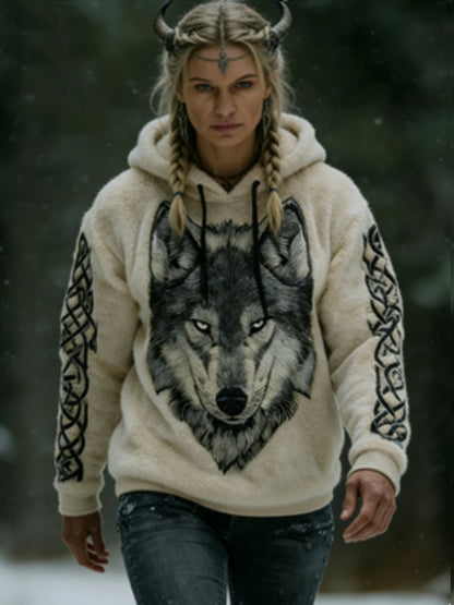 Kvinders vikingisk-keltisk ulveprint kunst casual flanelfleece hættetrøje