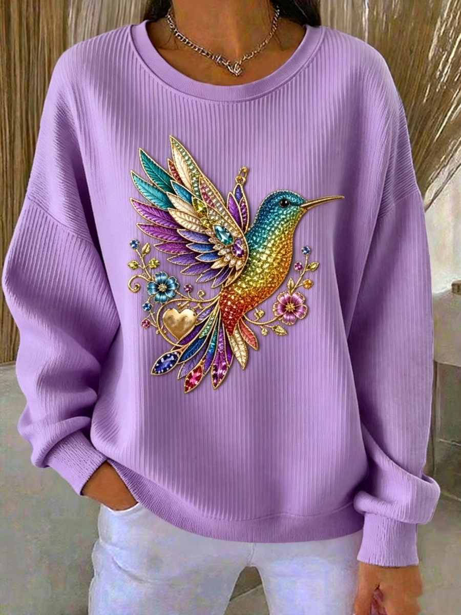 Kvindernes kolibriekunsttryk, ribbet sweatshirt med rund hals
