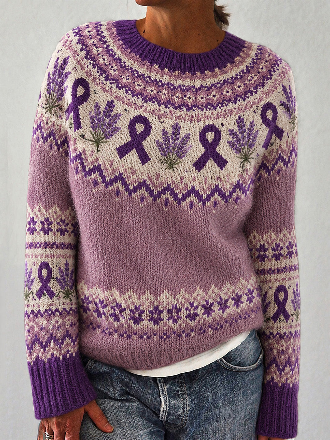 Damestrømpe med print af lilla blomster og lilla velgørenhedsbånd, casual langærmet sweater