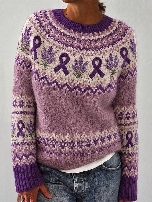 Damestrømpe med print af lilla blomster og lilla velgørenhedsbånd, casual langærmet sweater